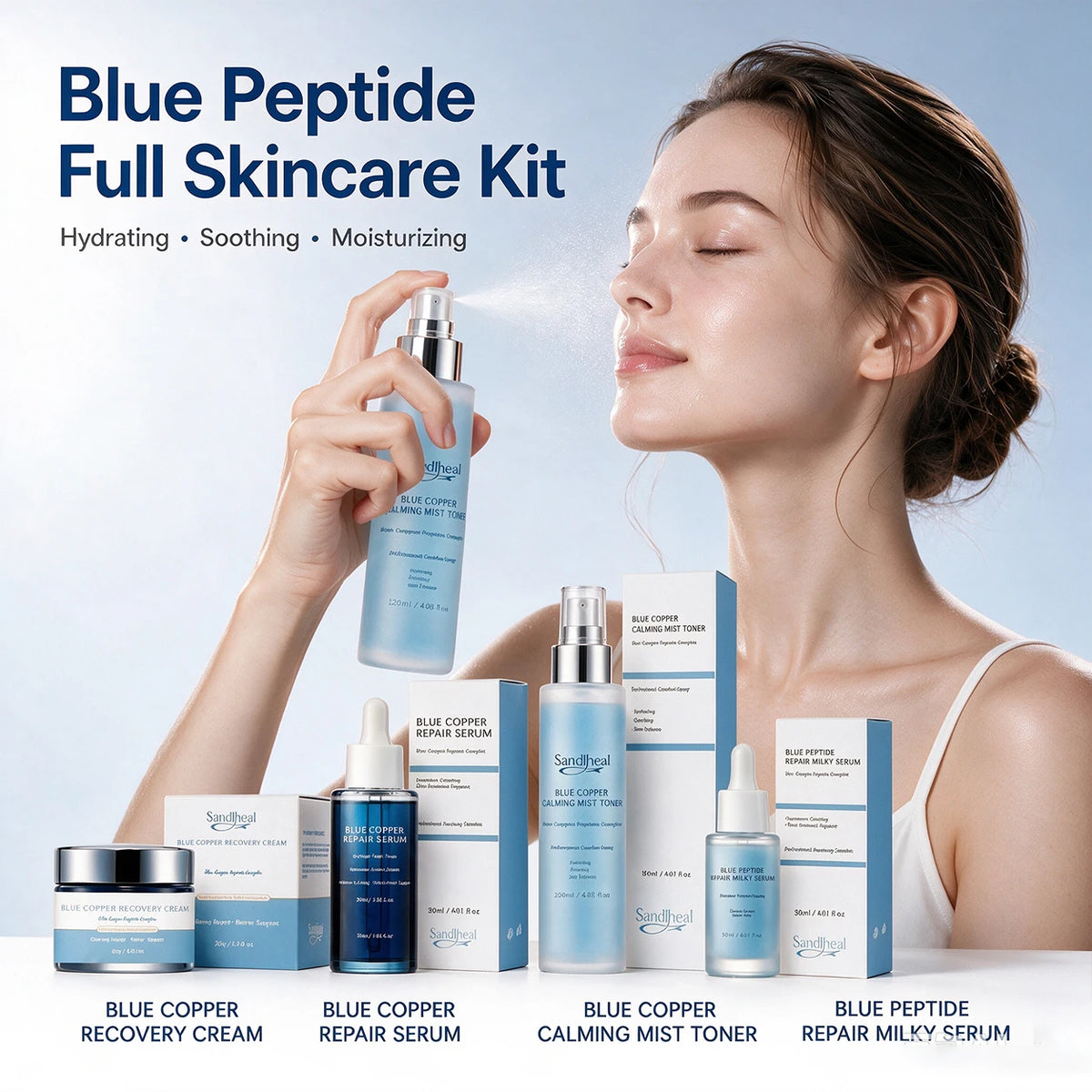 Blue Peptide Skincare Set Skin Barrier Care Facial Kit Hydrating Soothing Serum Calming Mist Toner Moisturizing Face Cream