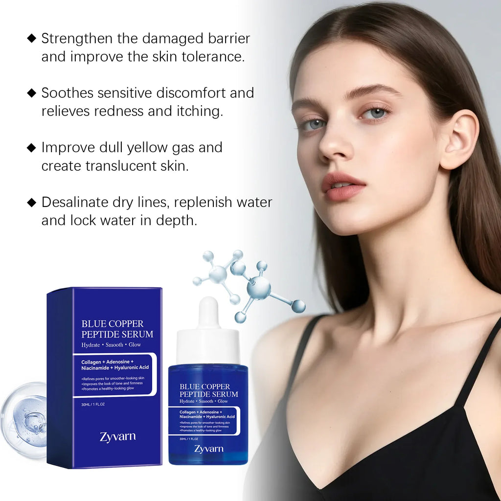 Blue Copper Peptide Serum Minimizes Pores Deep Hydration Brightening Dull Skin Firming Lifting Smooth Facial Repair Essence