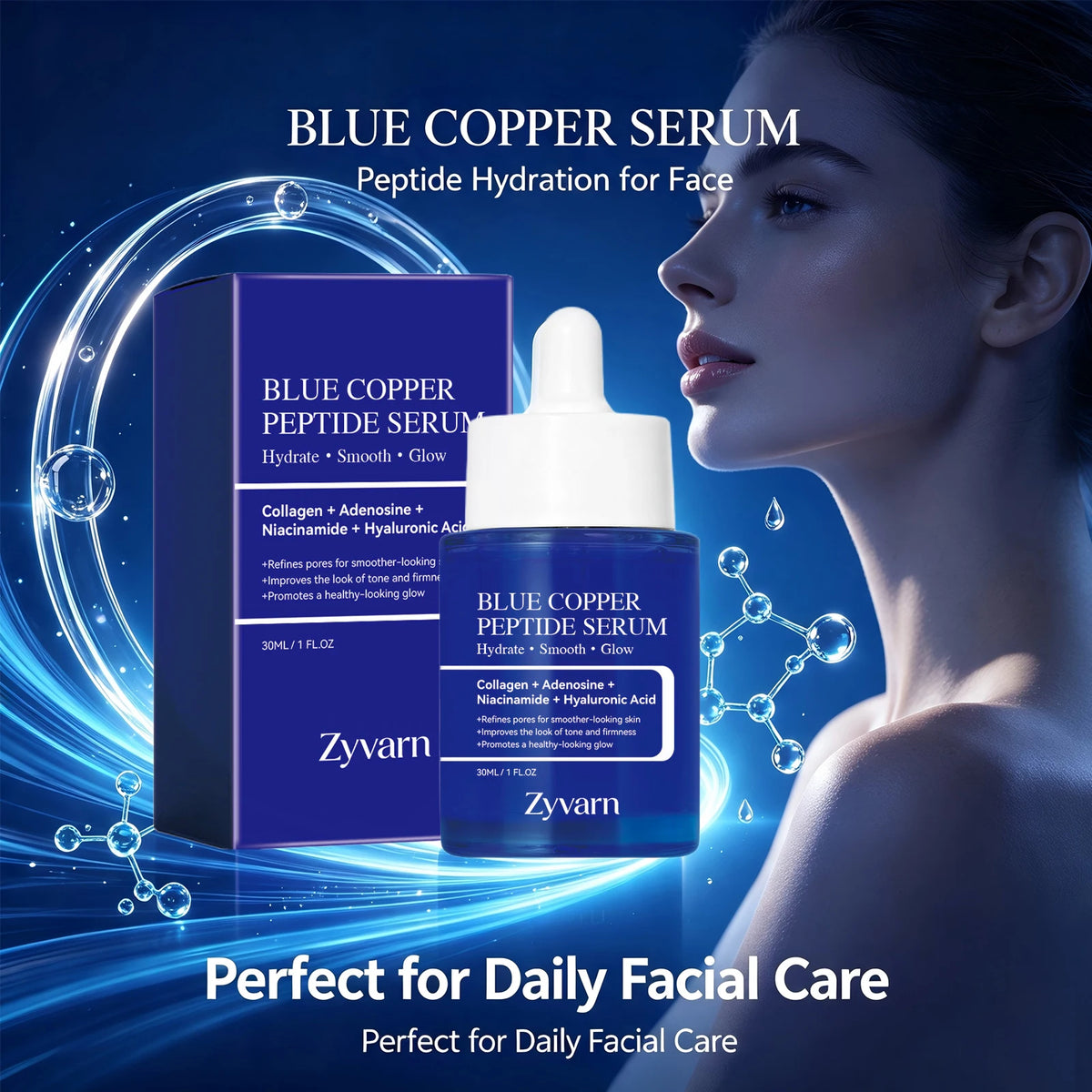 Blue Copper Peptide Serum Minimizes Pores Deep Hydration Brightening Dull Skin Firming Lifting Smooth Facial Repair Essence