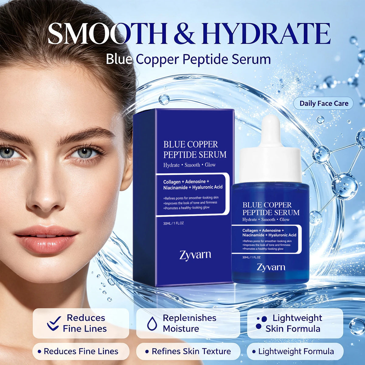 Blue Copper Peptide Serum Minimizes Pores Deep Hydration Brightening Dull Skin Firming Lifting Smooth Facial Repair Essence